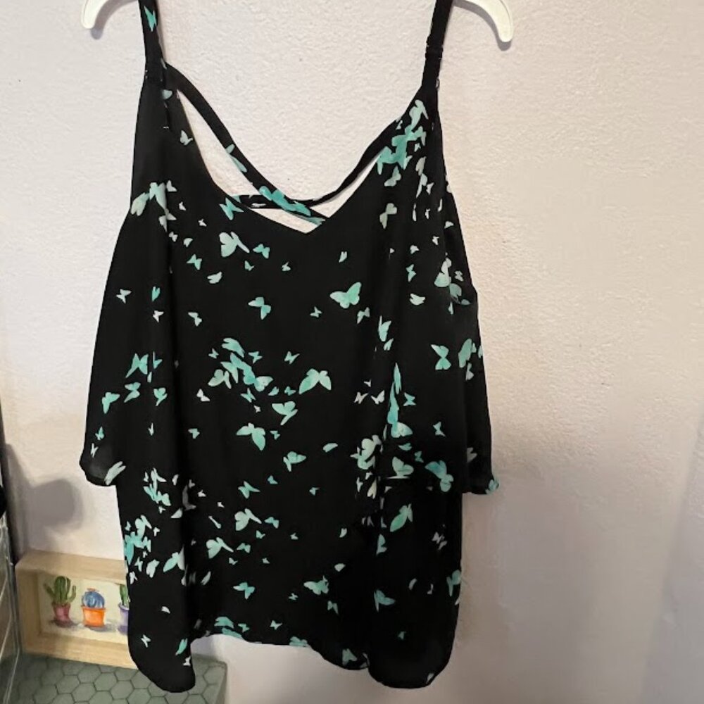 Torrid size 2 black tiered cami mint green butterfly butterflies